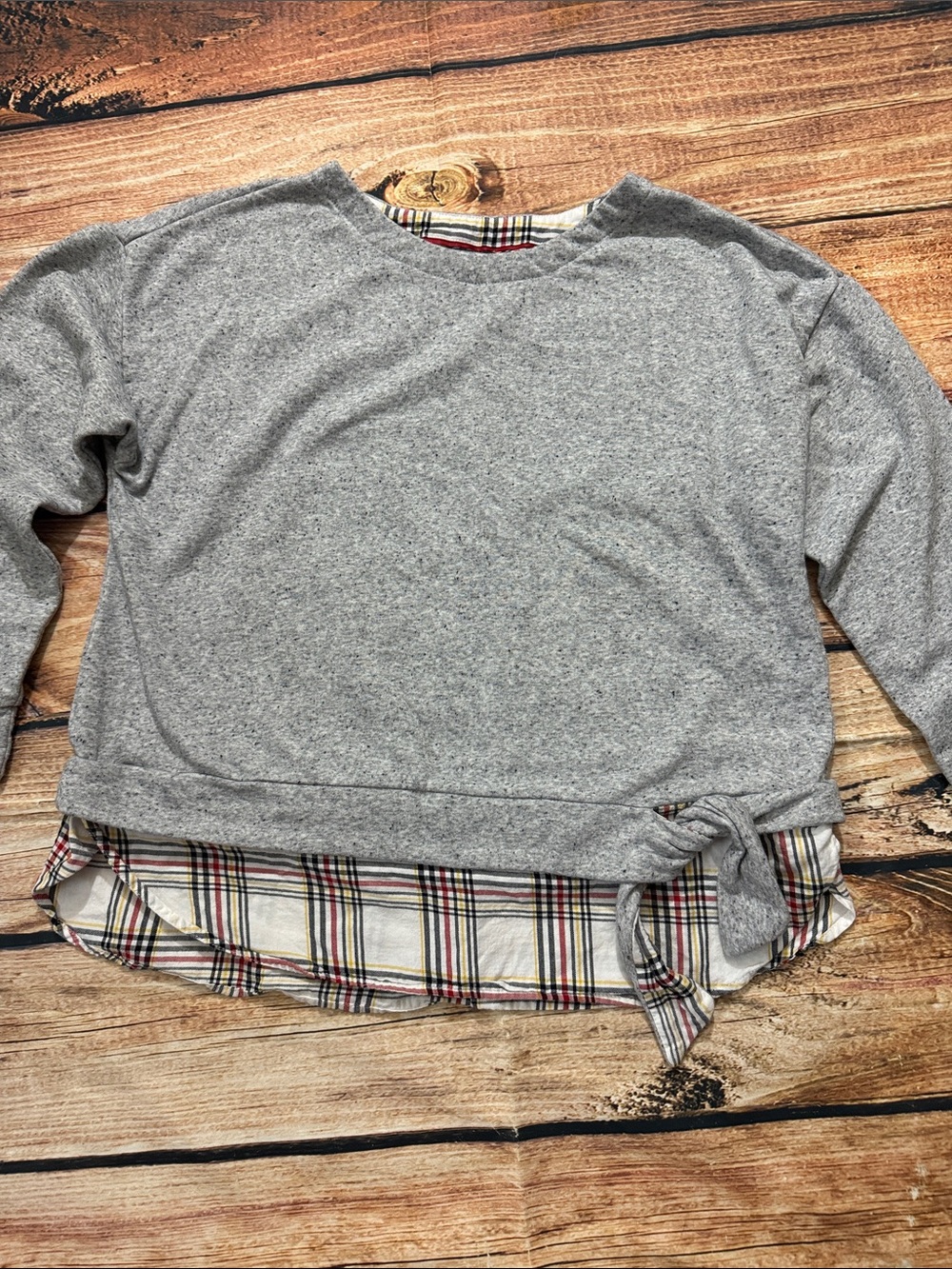 Izod Gray Crewneck Sweater with Plaid Hem and Side Tie